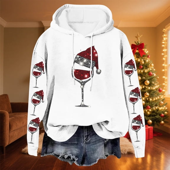 Yteetum Women's Oversized Christmas Hoodies Christmas Red Wine Glass Print Long Sleeved Fleece Hooded Sweatshirts Pullover Top Womens Xmas Graphic Loose Drop-Shoulder Fleece Hoodies Fall Winter