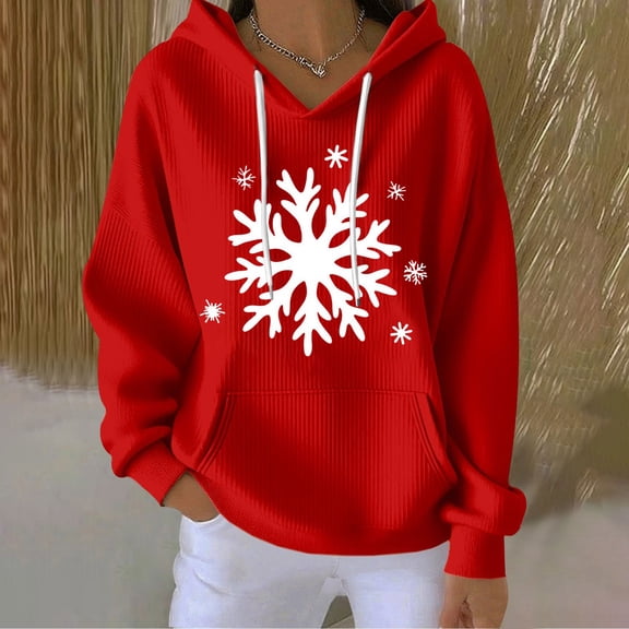 Yteetum Women's Oversized Christmas Hoodies Crewneck Christmas Print Long Sleeve Knit Pullover Drawstring Hooded Sweatshirts Top Womens Loose Xmas Holiday Print Round Neck Hoodies Fall Clothes