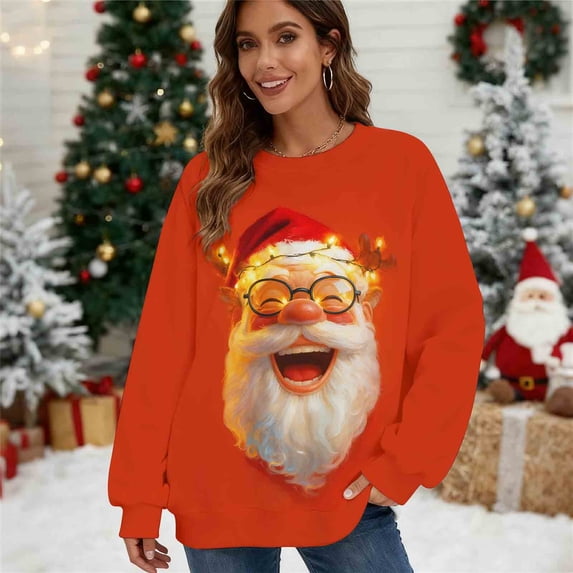 Yteetum Women's Oversized Christmas Sweatshirts Crewneck Loose Fits Pullover Hoodless Sweatshirts Top Womens Casual Round Neck Xmas Graphic Print Long Sleeve Fall Sweatshirt Fall Clothes Clothes