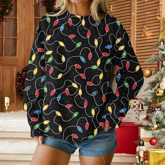 Yteetum Women's Oversized Christmas Sweatshirts Crewneck Xmas Graphic Pullover Hoodless Sweatshirts Top Womens Casual Christmas Print Loose Long Sleeve Round Neck Sweatshirt Fall Clothes Clothes