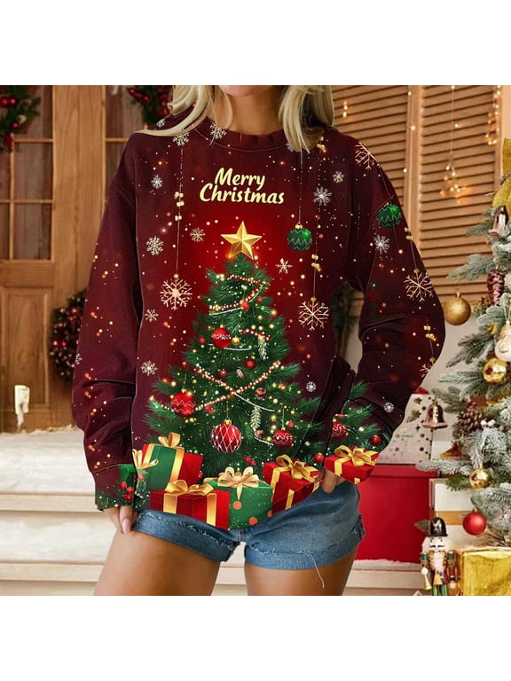 Women's Oversized Christmas Sweatshirts Crewneck Xmas Graphic Pullover Hoodless Sweatshirts Top Womens Casual Christmas Print Loose Long Sleeve Round Neck Sweatshirt Fall Clothes Clothes