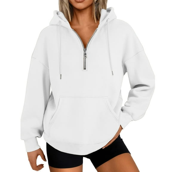 Yteetum Women's Oversized Hoodies Quarter Zip Up Lapel Drawstring Pullover Hooded Sweatshirts Top Womens Casual Solid Loose Fits Half Zip Long Sleeve Cozy Hooded Fall Sweatshirts Fall Winter Clothes