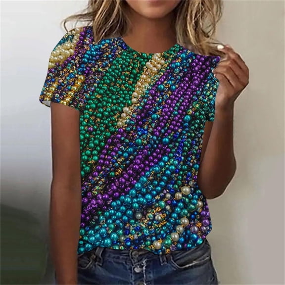 Yteetum Women's Oversized Mardi Gras T Shirts Crewneck Funny Carnival Graphic Printed Short Sleeve Shirts Tops Womens Casual Summer Plus Size Round Neck Loose Fits Comfy Holiday Tee Shirts