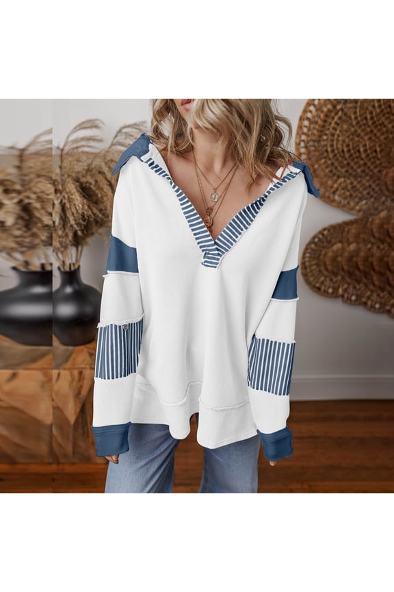 Women's Oversized Striped Sweatshirts V Neck Drop Shoulder Long Sleeve Patchwork Pullover Sweatshirts Top Womens Casual Colorblock Loose Fits Long Sleeve Hoodless Sweatshirt Fall Clothes