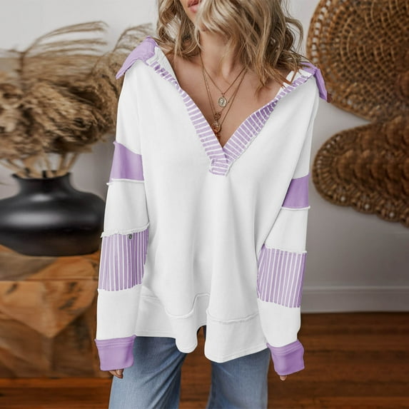 Yteetum Women's Oversized Striped Sweatshirts V Neck Drop Shoulder Long Sleeve Patchwork Pullover Sweatshirts Top Womens Casual Colorblock Loose Fits Long Sleeve Hoodless Sweatshirt Fall Clothes