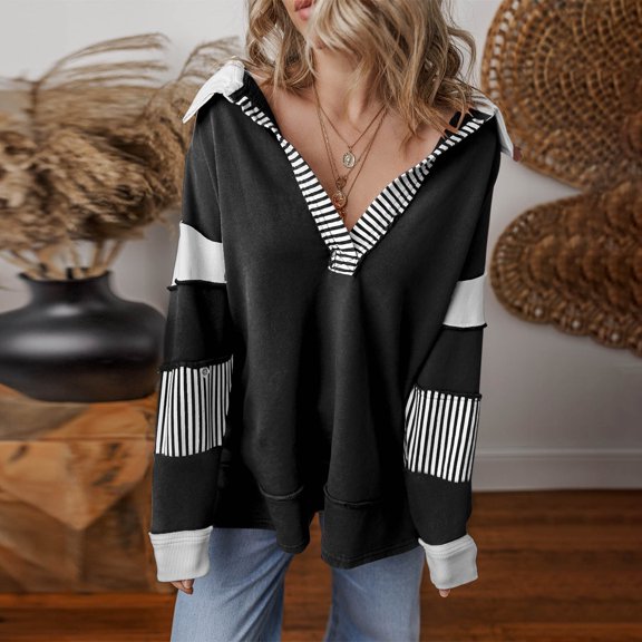 Yteetum Women's Oversized Striped Sweatshirts V Neck Drop Shoulder Long Sleeve Patchwork Pullover Sweatshirts Top Womens Casual Colorblock Loose Fits Long Sleeve Hoodless Sweatshirt Fall Clothes