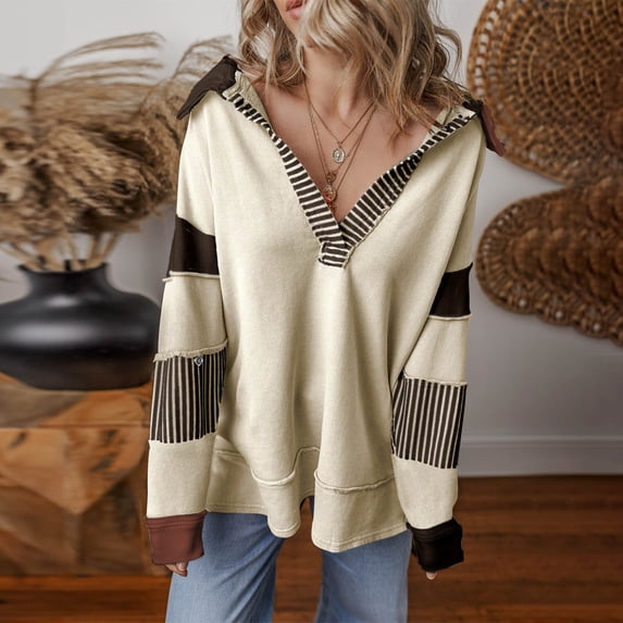 Yteetum Women's Oversized Striped Sweatshirts V Neck Drop Shoulder Long Sleeve Patchwork Pullover Sweatshirts Top Womens Casual Colorblock Loose Fits Long Sleeve Hoodless Sweatshirt Fall Clothes