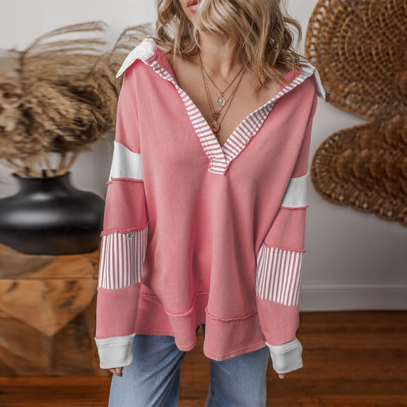 Yteetum Women's Oversized Striped Sweatshirts V Neck Drop Shoulder Long Sleeve Patchwork Pullover Sweatshirts Top Womens Casual Colorblock Loose Fits Long Sleeve Hoodless Sweatshirt Fall Clothes