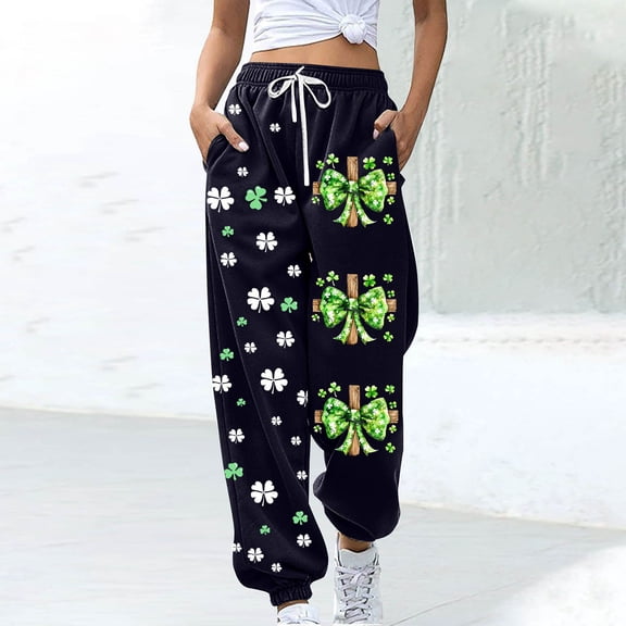 Yteetum Women's Oversized Sweatpants St Patrick Day Shamrocks Printed Elastic Waist Drawstring Jogger Sport Sweatpants Womens Casual Plus Size Loose Fits St. Patrick's Day Athletic Sweatpants
