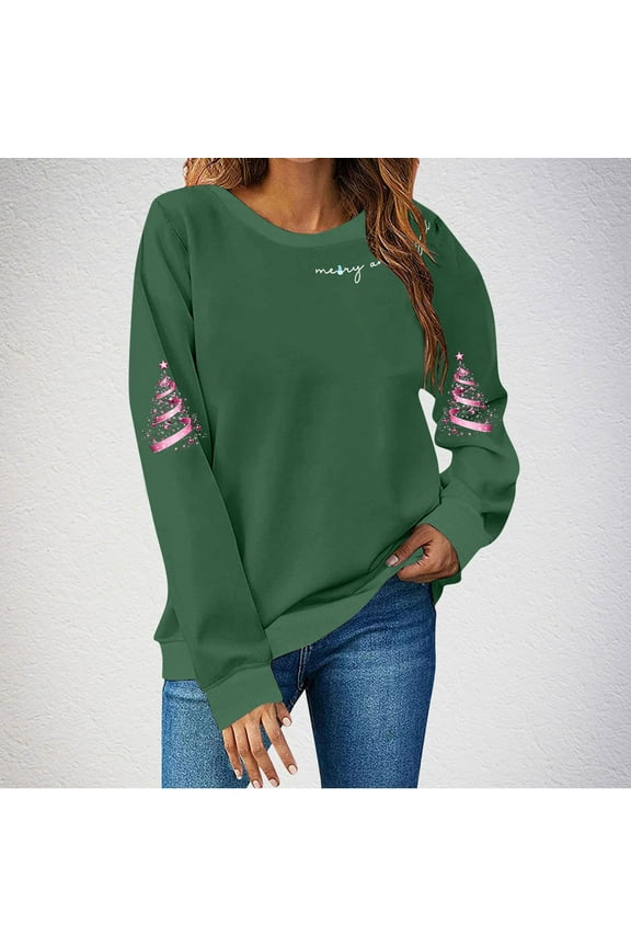Women's Oversized Sweatshirts Christmas Printed Crewneck Fleece Lining Pullover Hoodless Sweatshirts Top Womens Casual Solid Christmas Round Neck Loose Fits Long Sleeve Sweatshirts Fall