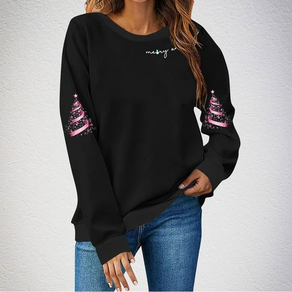 Yteetum Women's Oversized Sweatshirts Christmas Printed Crewneck Fleece Lining Pullover Hoodless Sweatshirts Top Womens Casual Solid Christmas Round Neck Loose Fits Long Sleeve Sweatshirts Fall