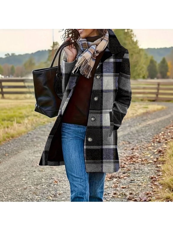 Women's Plaid Wool Coats Long Sleeve Notched Collar Button Down Mid Length Overcoat Women Fall Winter Casual Checkered Loose Comfy Overcoats Outerwear