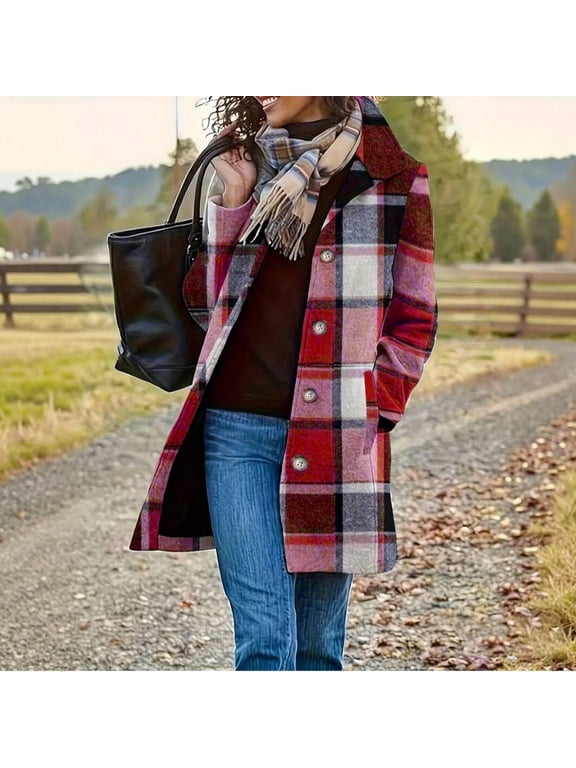 Women's Plaid Wool Coats Long Sleeve Notched Collar Button Down Mid Length Overcoat Women Fall Winter Casual Checkered Loose Comfy Overcoats Outerwear