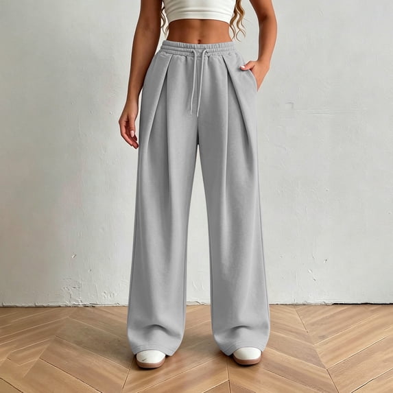 Yteetum Women's Pleated Wide Leg Sweatpants Elastic High Waist Baggy Drawstring Straight Joggers Athletic Pants Fall Winter Solid Loose Comfy Workout Gym Pant