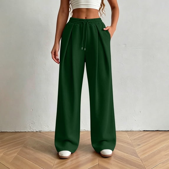 Yteetum Women's Pleated Wide Leg Sweatpants Elastic High Waist Baggy Drawstring Straight Joggers Athletic Pants Fall Winter Solid Loose Comfy Workout Gym Pant