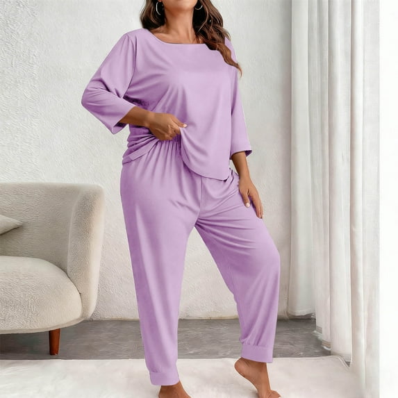 Yteetum Women's Plus Size Pajama Sets Crewneck 3/4 Length Sleeve Shirt Tops and Pajama Pants 2 Piece Set Womens Casual Solid Round Neck Three Quarter Sleeve Shirts and Loose Loungewear Pjs Pants Set