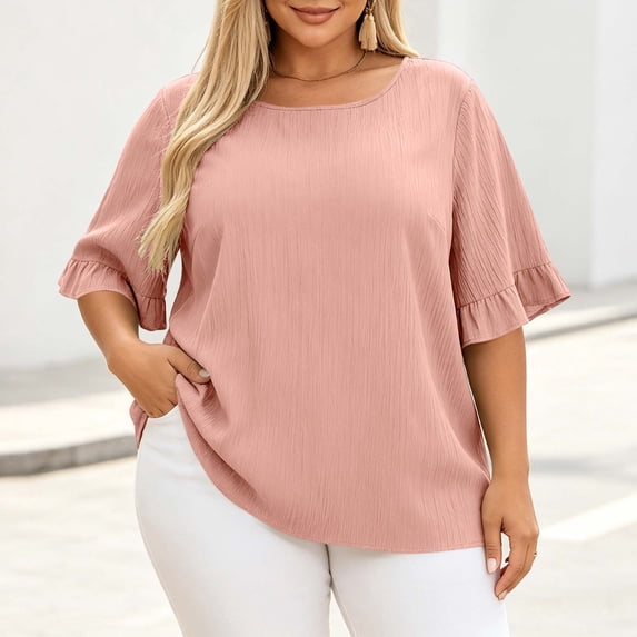 Yteetum Women's Plus Size Summer Tops Oversized 3/4 Ruffle Sleeve Shirts Casual Solid Crewneck Loose Lightweight Comfy 3/4 Length Sleeve Tunic Top