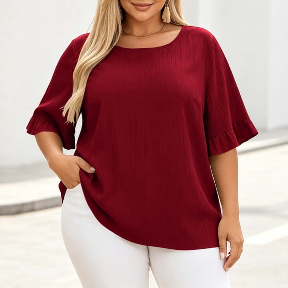 Yteetum Women's Plus Size Summer Tops Oversized 3/4 Ruffle Sleeve Shirts Casual Solid Crewneck Loose Lightweight Comfy 3/4 Length Sleeve Tunic Top