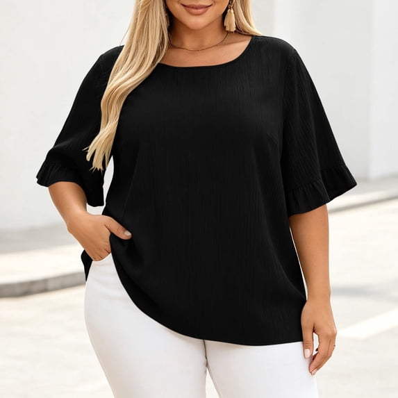 Yteetum Women's Plus Size Summer Tops Oversized 3/4 Ruffle Sleeve Shirts Casual Solid Crewneck Loose Lightweight Comfy 3/4 Length Sleeve Tunic Top