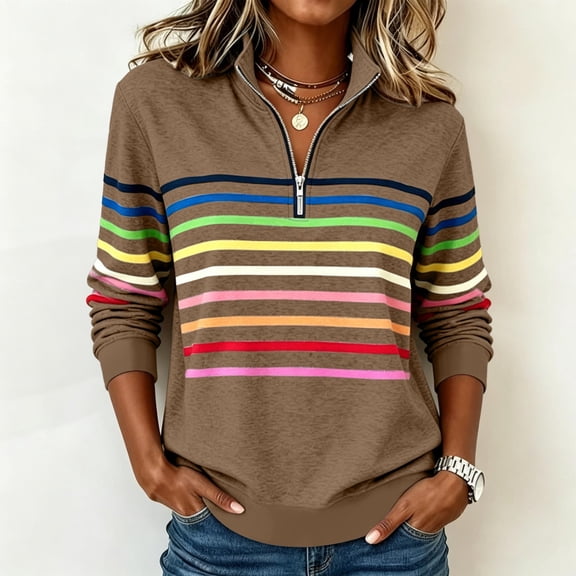 Yteetum Women's Quarter Zipper Sweatshirts Long Sleeve Rainbow Striped Print Stand Up Collar Sweatshirt Fall Winter Casual Loose Comfy 1/4 Zip Up Pullover Sweatshirts Top
