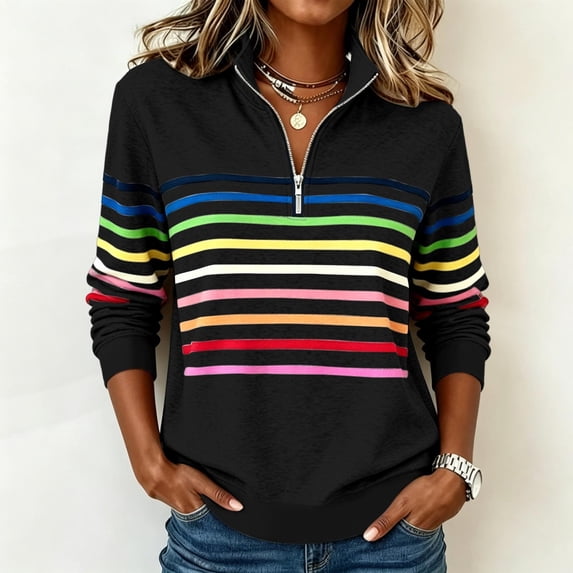 Yteetum Women's Quarter Zipper Sweatshirts Long Sleeve Rainbow Striped Print Stand Up Collar Sweatshirt Fall Winter Casual Loose Comfy 1/4 Zip Up Pullover Sweatshirts Top