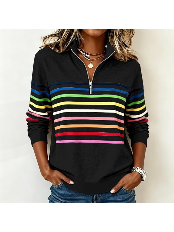 Women's Quarter Zipper Sweatshirts Long Sleeve Rainbow Striped Print Stand Up Collar Sweatshirt Fall Winter Casual Loose Comfy 1/4 Zip Up Pullover Sweatshirts Top