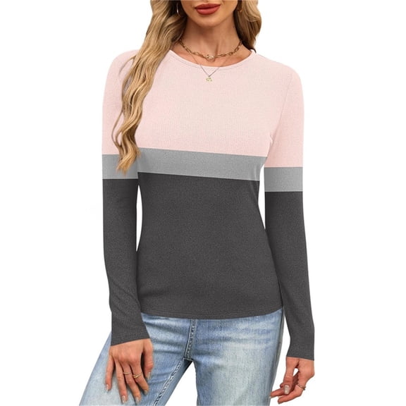 Yteetum Women's Ribbed Knitted T Shirts Oversized Crewneck Striped Print Slim Long Sleeve Pullover Shirt Top Womens Casual Plus Size Round Neck Printed Stretch Loose Comfy Tee Fall Spring Clothes