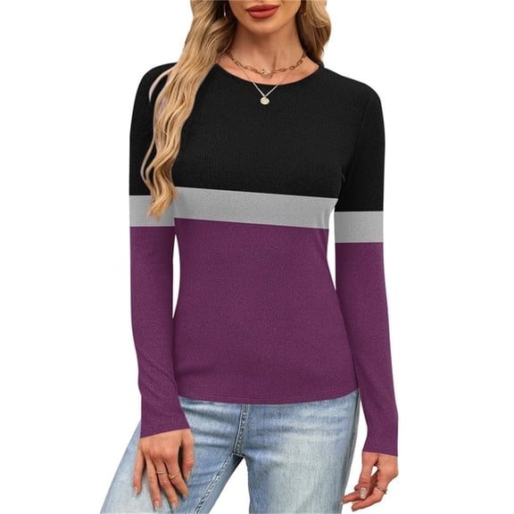 Yteetum Women's Ribbed Knitted T Shirts Oversized Crewneck Striped Print Slim Long Sleeve Pullover Shirt Top Womens Casual Plus Size Round Neck Printed Stretch Loose Comfy Tee Fall Spring Clothes