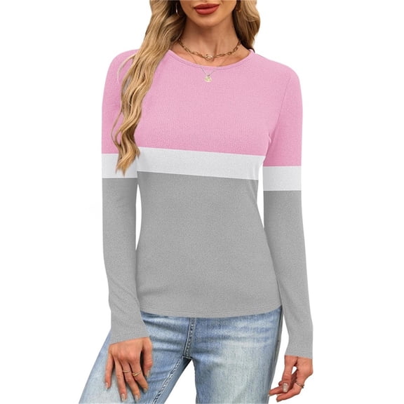 Yteetum Women's Ribbed Knitted T Shirts Oversized Crewneck Striped Print Slim Long Sleeve Pullover Shirt Top Womens Casual Plus Size Round Neck Printed Stretch Loose Comfy Tee Fall Spring Clothes