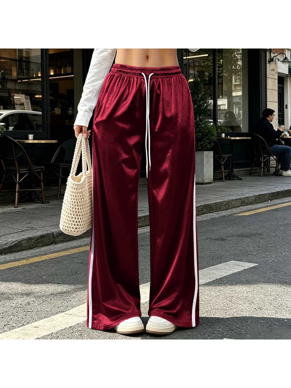 Women's Satin Silk Pants Baggy Drawstring Elastic High Waisted Wide Leg Pant Fall Casual Solid Loose Comfy Straight Lounge Trousers