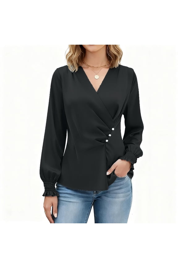 Women's Satin Silk T Shirts Oversized Dressy V Neck Elegant Pleated Front Puff Long Sleeve Shirts Womens Casual Solid Plus Size Loose Fits Comfy Formal Business Baggy Work Office Blouses