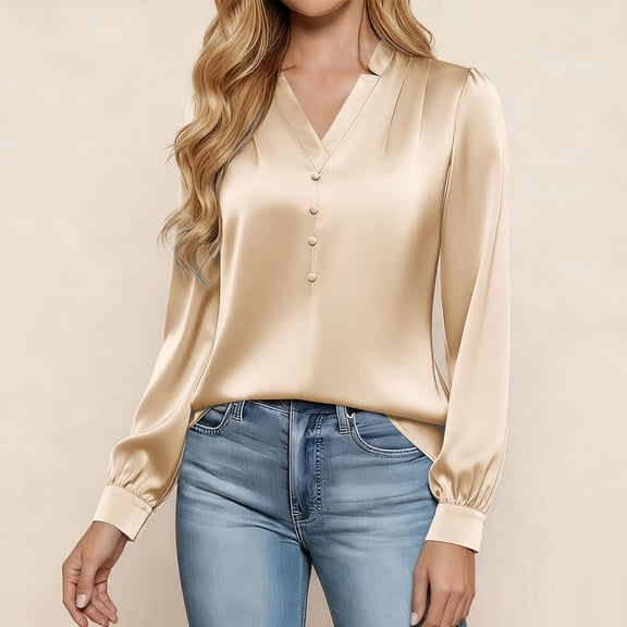 Yteetum Women's Satin Silk T Shirts Oversized Dressy V Neck Elegant Pleated Front Puff Long Sleeve Shirts Womens Casual Solid Plus Size Loose Fits Comfy Formal Business Baggy Work Office Blouses