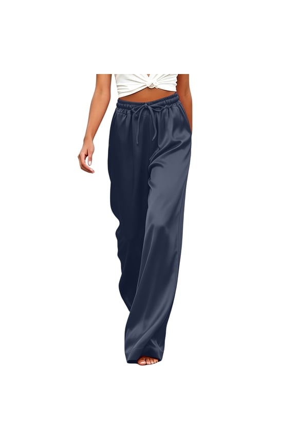 Women's Satin Silk Wide Leg Pants Loose Drawstring Elastic Waist Trousers Women Casual Solid Baggy Lightweight Comfy Trousers