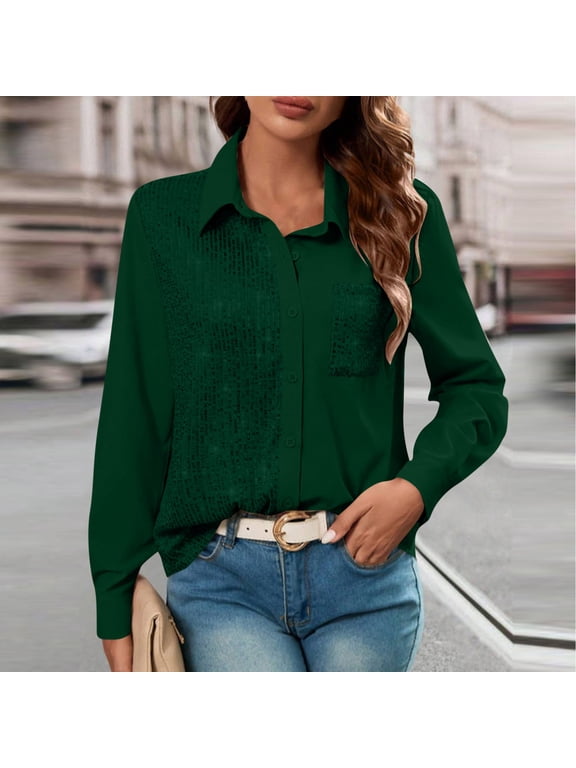 Women's Sequin T Shirts Oversized Lapel Glitter Sparkly Prom Party Pullover Top Button Down Long Sleeve Shirt Women Casual Plus Size Turndown Collar Sequined Comfy Tee Party Club Night Blouse