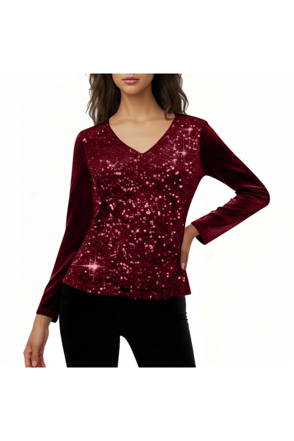 Women's Sequin Velvet T Shirts Top Oversized V Neck Glitter Sparkly Long Sleeve Shirt Womens Casual Solid Plus Size Loose Comfy Cozy Tees Party Club Night Festive Blouses Fall Spring Clothes
