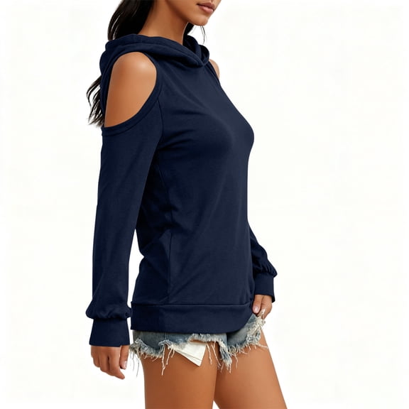 Yteetum Women's Off The Shoulder Hoodies Oversized Plain Drawstring Cuffs Cold Shoulder Pullover Hooded Sweatshirts Top Womens Casual Solid Loose Fits Long Sleeve Hooded Sweatshirt Fall Clothes