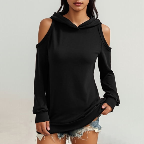 Yteetum Women's Off The Shoulder Hoodies Oversized Plain Drawstring Cuffs Cold Shoulder Pullover Hooded Sweatshirts Top Womens Casual Solid Loose Fits Long Sleeve Hooded Sweatshirt Fall Clothes