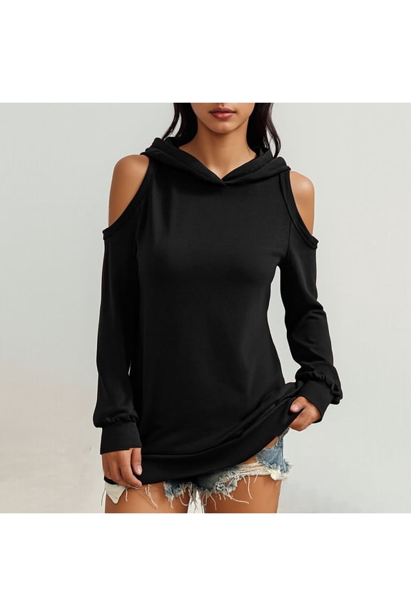 Women's Off The Shoulder Hoodies Oversized Plain Drawstring Cuffs Cold Shoulder Pullover Hooded Sweatshirts Top Womens Casual Solid Loose Fits Long Sleeve Hooded Sweatshirt Fall Clothes
