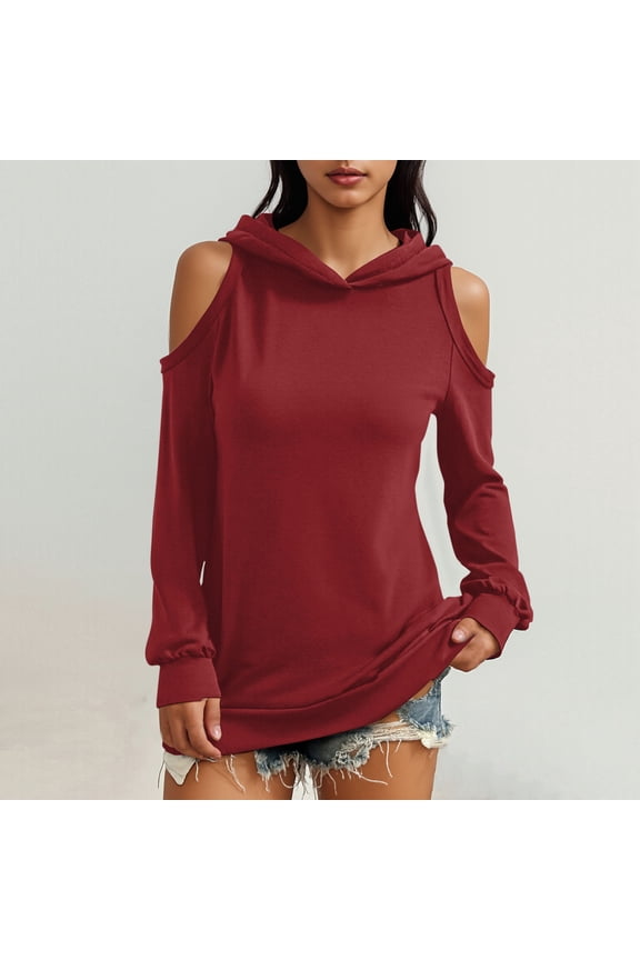Women's Off The Shoulder Hoodies Oversized Plain Drawstring Cuffs Cold Shoulder Pullover Hooded Sweatshirts Top Womens Casual Solid Loose Fits Long Sleeve Hooded Sweatshirt Fall Clothes