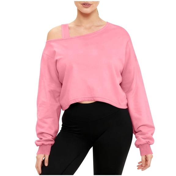Yteetum Women's Off Shoulder Sweatshirts Oversized Drop Shoulder Cropped Long Sleeve Pullover Hoodless Sweatshirt Tops Womens Casual Solid Plus Size Loose Fashion Strap Off The Shoulder Sweatshirts
