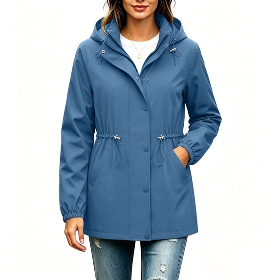Yteetum Women's Softshell Rain Jackets Casual Solid Long Sleeve Lightweight Drawstring Mid Length Waterproof Windbreaker Zip Up Hooded Raincoat