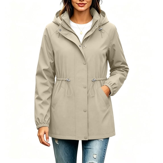 Yteetum Women's Softshell Rain Jackets Casual Solid Long Sleeve Lightweight Drawstring Mid Length Waterproof Windbreaker Zip Up Hooded Raincoat