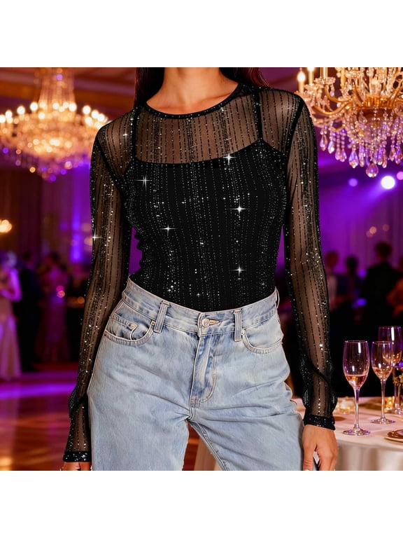 Women's Sparkly Sequin Mesh Long Sleeve Tops Oversized Crewneck Elegant Shiny Penetrating T Shirts Womens Casual Plus Size Round Neck Loose Fits Comfy Tee Prom Party Gathering Elastic Blouses