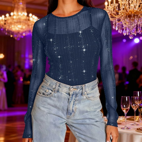 Yteetum Women's Sparkly Sequin Mesh Long Sleeve Tops Oversized Crewneck Elegant Shiny Penetrating T Shirts Womens Casual Plus Size Round Neck Loose Fits Comfy Tee Prom Party Gathering Elastic Blouses