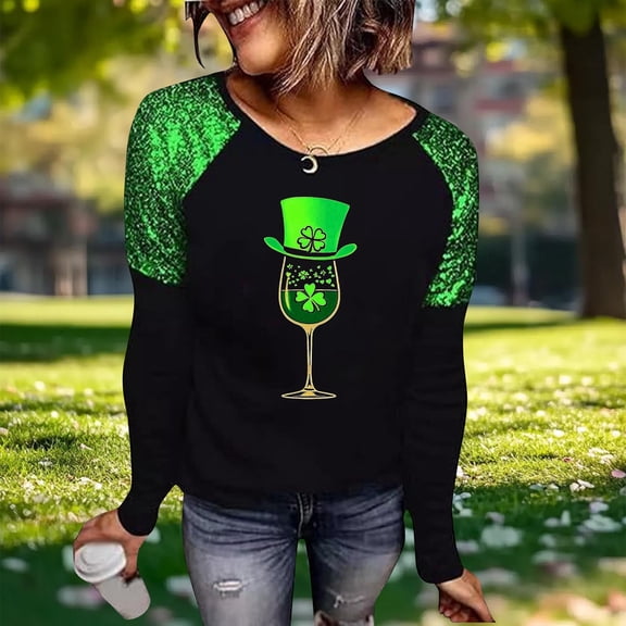 Yteetum Women's St Patrick's Day T Shirts Top Oversized Crewneck Glitter Luckys Irish Shamrocks Paddy's Day Graphic Print Long Sleeve Shirt Womens Casual Plus Size Round Neck Loose Fits Comfy Tees