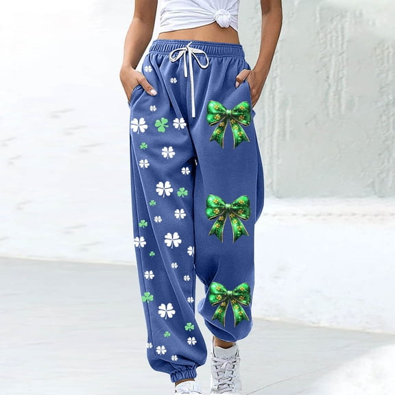 Yteetum Women's St-Patrick's Days Shamrocks Print Sweatpants Oversized Elastic Waist Tie Up Cuffs Jogger Athletic Pants Womens Casual St. Patrick's Day Plus Size Loose Fits Sport Sweatpants Pockets