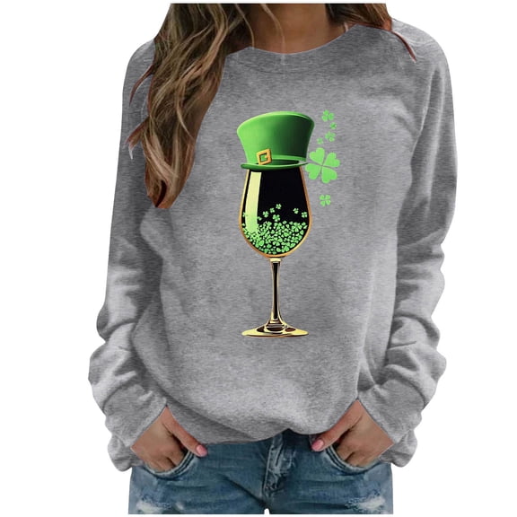 Yteetum Women's St Patricks Day Sweatshirts Plus Size Crewneck Shamrocks Beer Printed Hoodless Sweatshirts Womens Casual Oversized St Patrick's Graphic Print Round Neck Loose Long Sleeve Sweatshirts