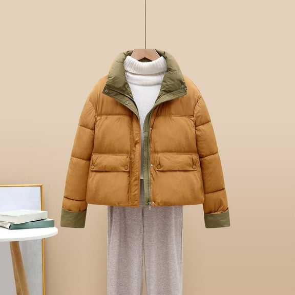 Yteetum Women's Stand Collar Quilted Puffer Jackets Oversize Zipper Cropped Quilted Puffer Jacket Outerwear Coats Womens Winter Thickened Long Sleeves Cropped Padded Coats Fall Winter Clothes
