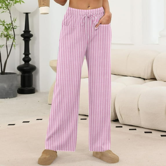 Yteetum Women's Striped Print Pajama Pants Plus Size Drawstring Elastic Waist Straight Leg Pjs Pants Womens Casual Loose Fits Comfy Loungewear Sleepwear Pant Sleep Bottoms Homewear Breathable Trouser