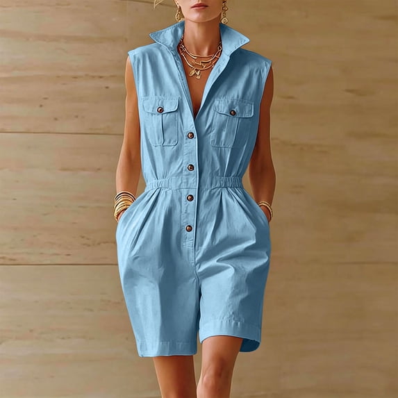 Yteetum Women's Summer Button Down Jumpsuits Rompers Oversized Turndown Collared Short Jumpsuit Women Casual Solid Stand Collared Loose Lightweight Comfy Overalls